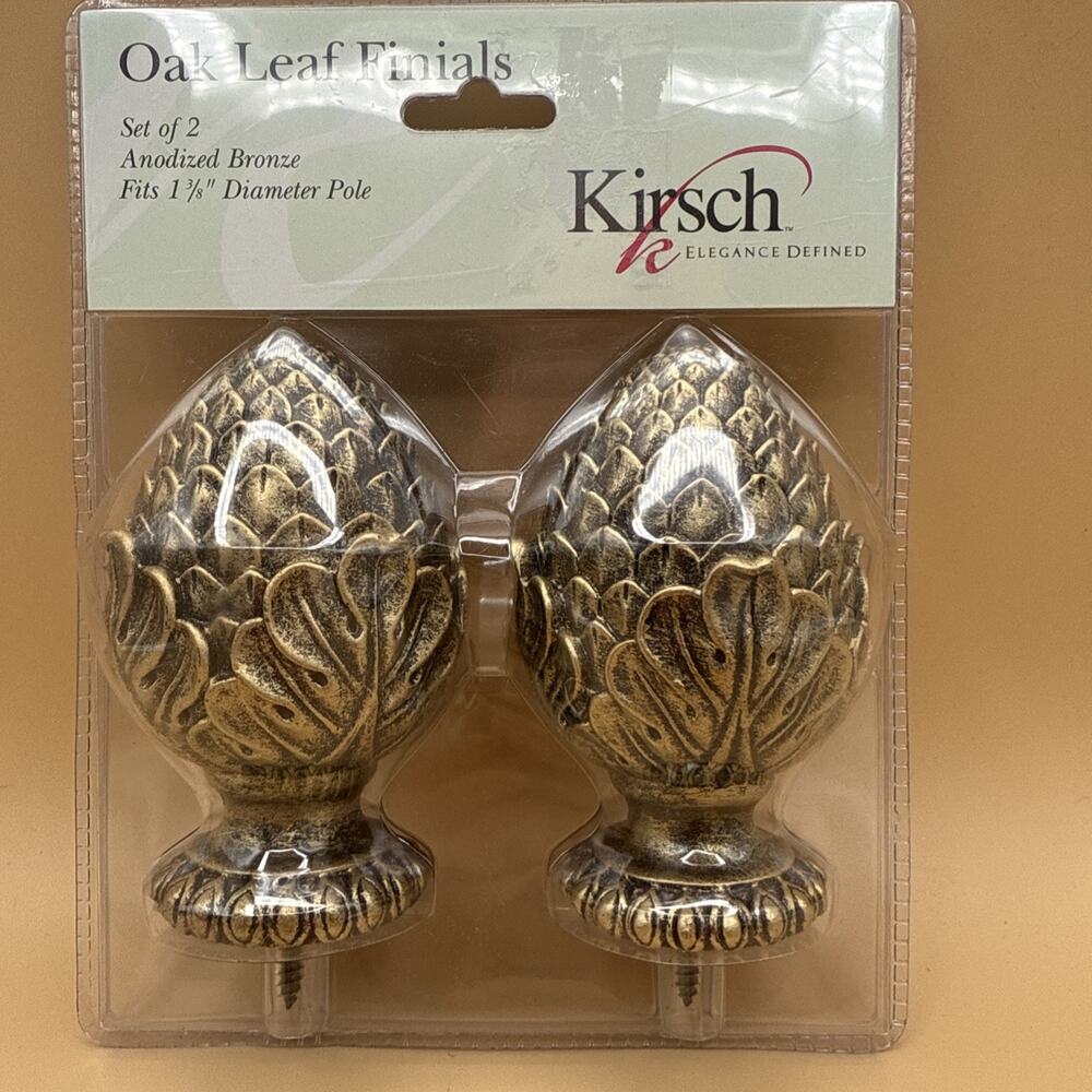 Vintage Pair of Kirsch Mahogany Oak Leaf Finials Fits 1 3/8 Diameter Pole